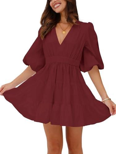 firfig Women's Casual Summer Dresses V Neck Half Sleeve Elastic Waist Flowy Tiered Short Mini Dress Size L