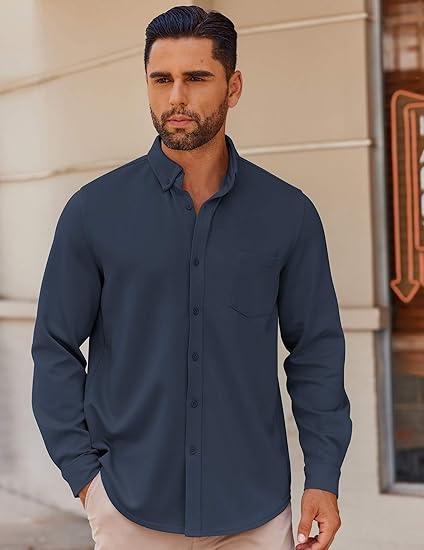 COOFANDY Men's Wrinkle Free Shirt Long Sleeve Casual Button Up Shirts Business Dress Shirt Navy Blue  ( Men XL) 