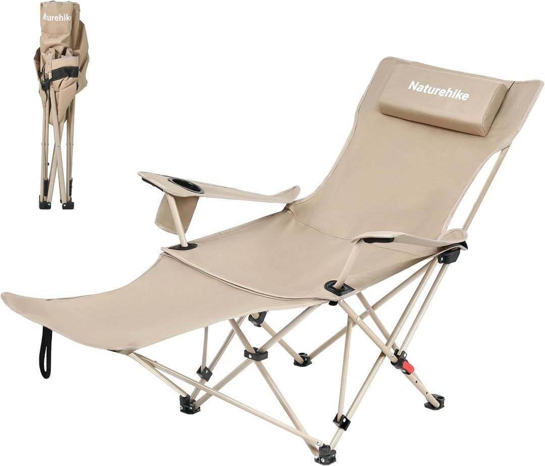 Naturehike 3-Position Adjustable Recliner with Footrest, Heavy Duty Folding Camping Chair, Portable Lounge Chair with Carry Bag, Cup Holder & Side Pocket for Beach, Patio, Lawn – Supports 330 lbs