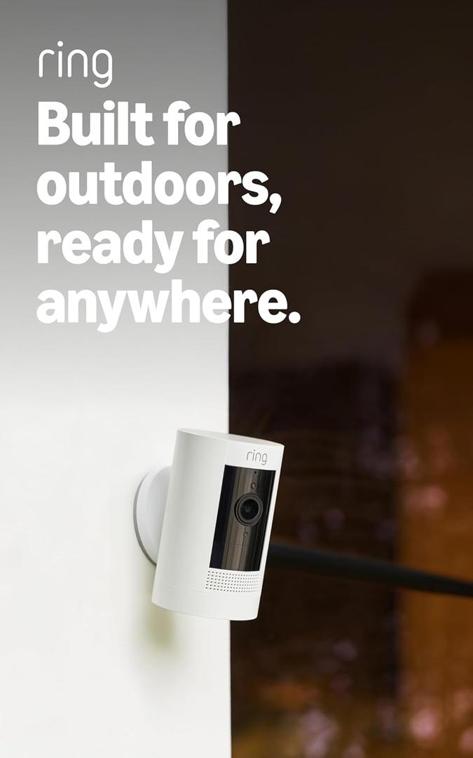 Ring Outdoor Cam (Stick Up Cam), Weather-resistant home or business security camera, outdoor ready, Live View, Color Night Vision, Two-Way Talk, motion alerts, Works with Alexa, White