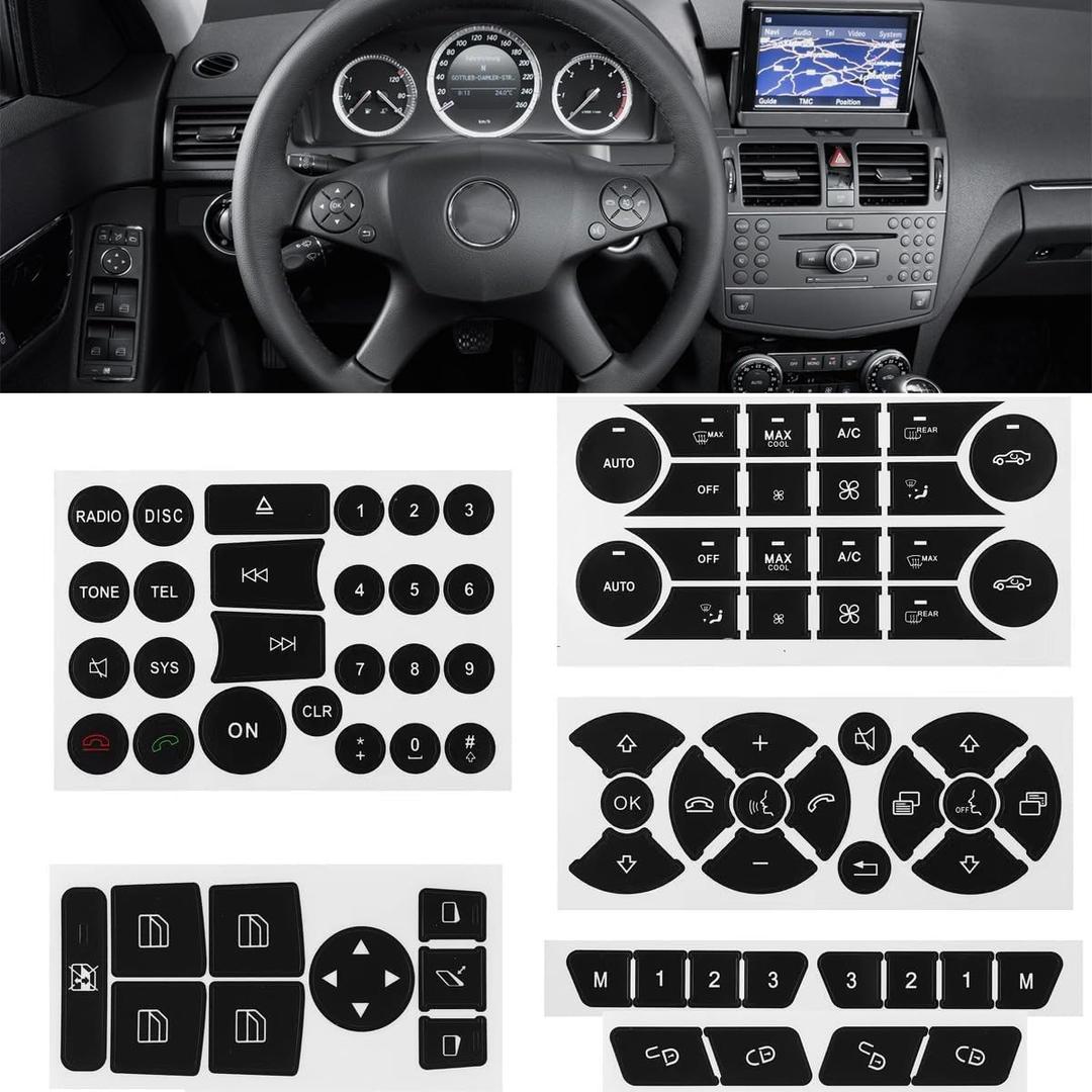 Car Button Stickers Interior Decals Compatible with 2008-2014 Mercedes Benz W204 C250 C350 E-Class Steering Wheel AC Window Radio Number Door & Air Conditioner Repair Sticker Kit