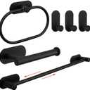 TocTen 6 Pieces Self Adhesive Towel Bar Set, Stainless Steel Bathroom Hardware Set Include Adjustable Towel Rack, Towel Ring, TP Holder, 3 Towel Hook, No Drill Bath Accessory Kit(Matte Black,24IN)