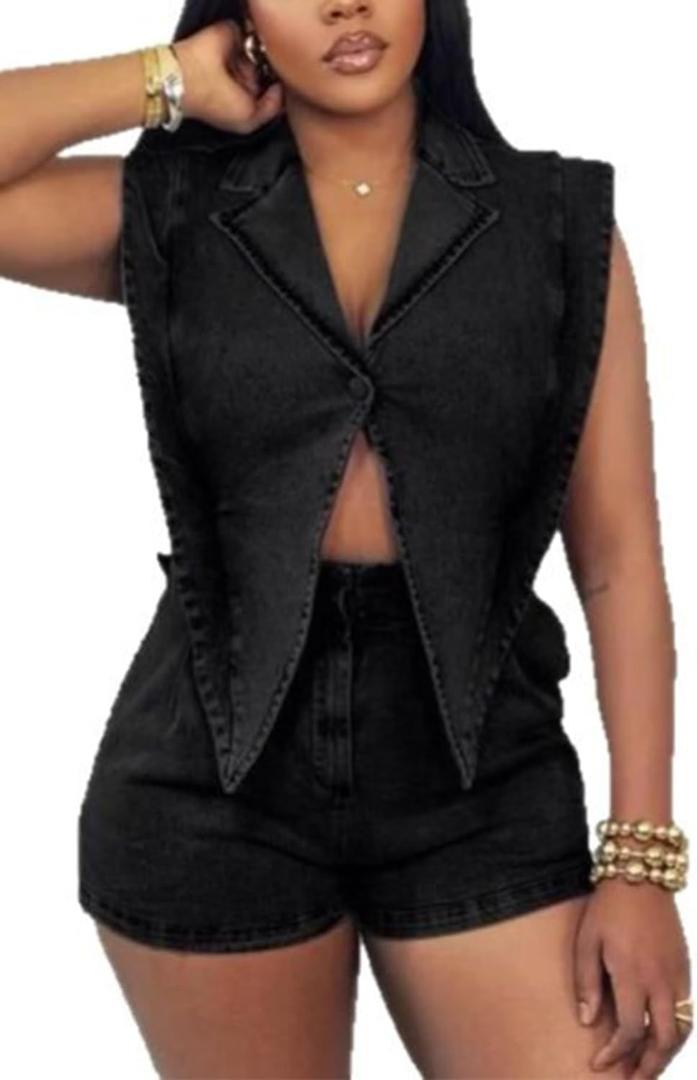 Women Summer Sleeveless Denim Romper Casual V Neck Bodycon Short Jumpsuits Cut Out One Piece Outfits (Medium, Black)