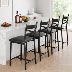 IDEALHOUSE Bar Stools Set of 4, Upholstered Bar Chairs with Back, Thick Cushion, Counter Height Barstools for Kitchen Island Apartment Counter Bar (4) (Black)