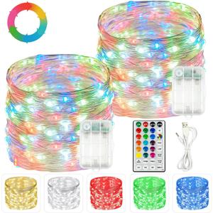2 Pack Christmas Fairy Lights Battery Operated, 20FT 60LED RGB Color Changing String Lights, Indoor & Outdoor Twinkle Light with Timer and Remote for Bedroom Wedding Birthday Christmas Decorations