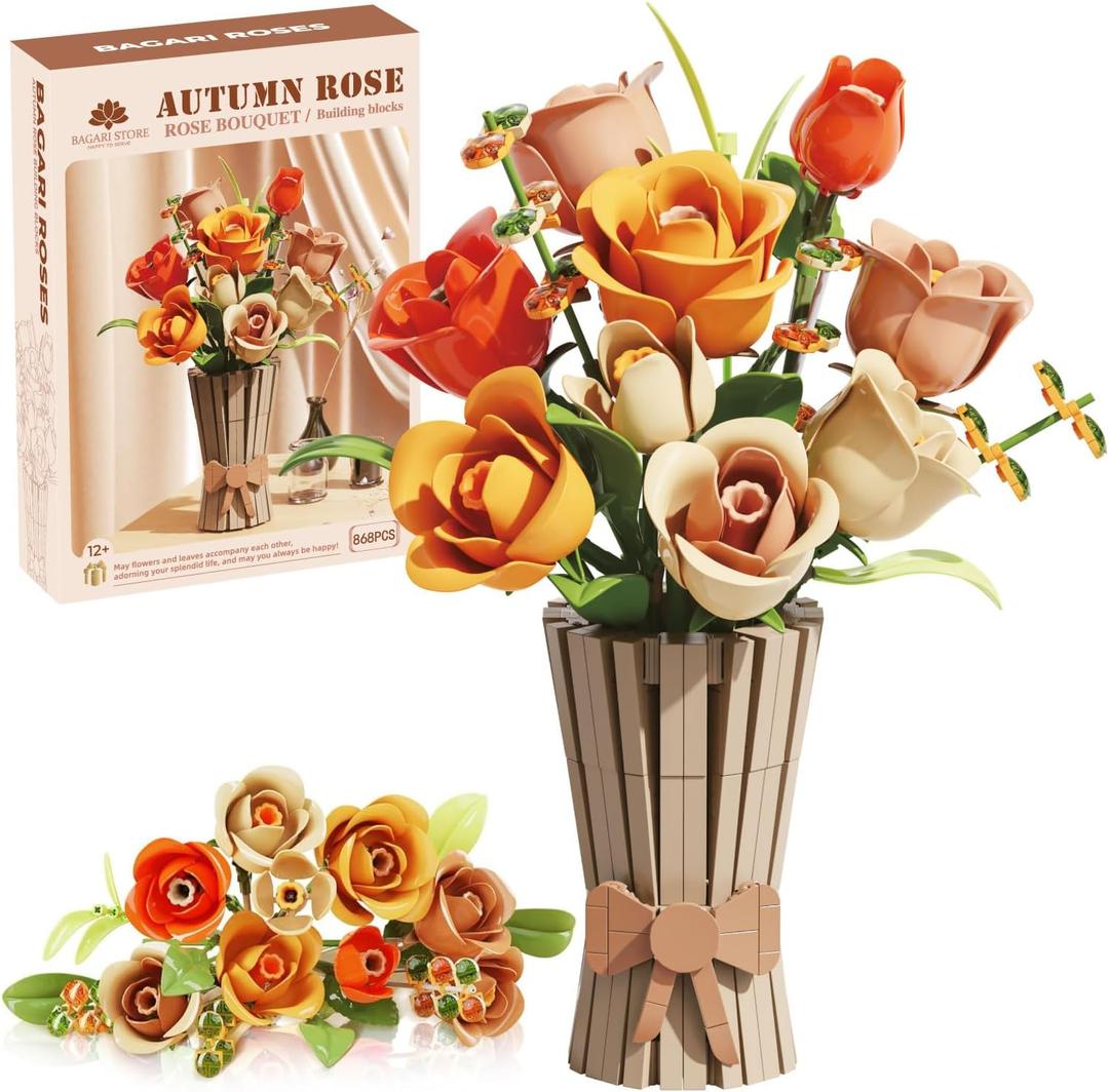 Bagari Roses Bouquet Building Set - Artificial Flowers Building Blocks with Vase, Compatible with Lego Kit for Adults - Collection for Home Office Decor Gifts for Women Men Birthday Anniversary 868PCS