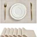 Leetaltree Beige White Placemats Set of 6 - Heat Resistant Non-Slip Place mats for Dining Table, Washable Durable PVC Vinyl Woven Table Mats(Beige White, 6)