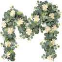 Dremisland Artificial Flower Garland 2 Pack 12Ft Champagne Dahlia Flower Vines Hanging Floral Eucalyptus Greenery Garland Decoration for Wedding Arch Bedroom Home Wall Backdrop Room Decor (2PCS)
