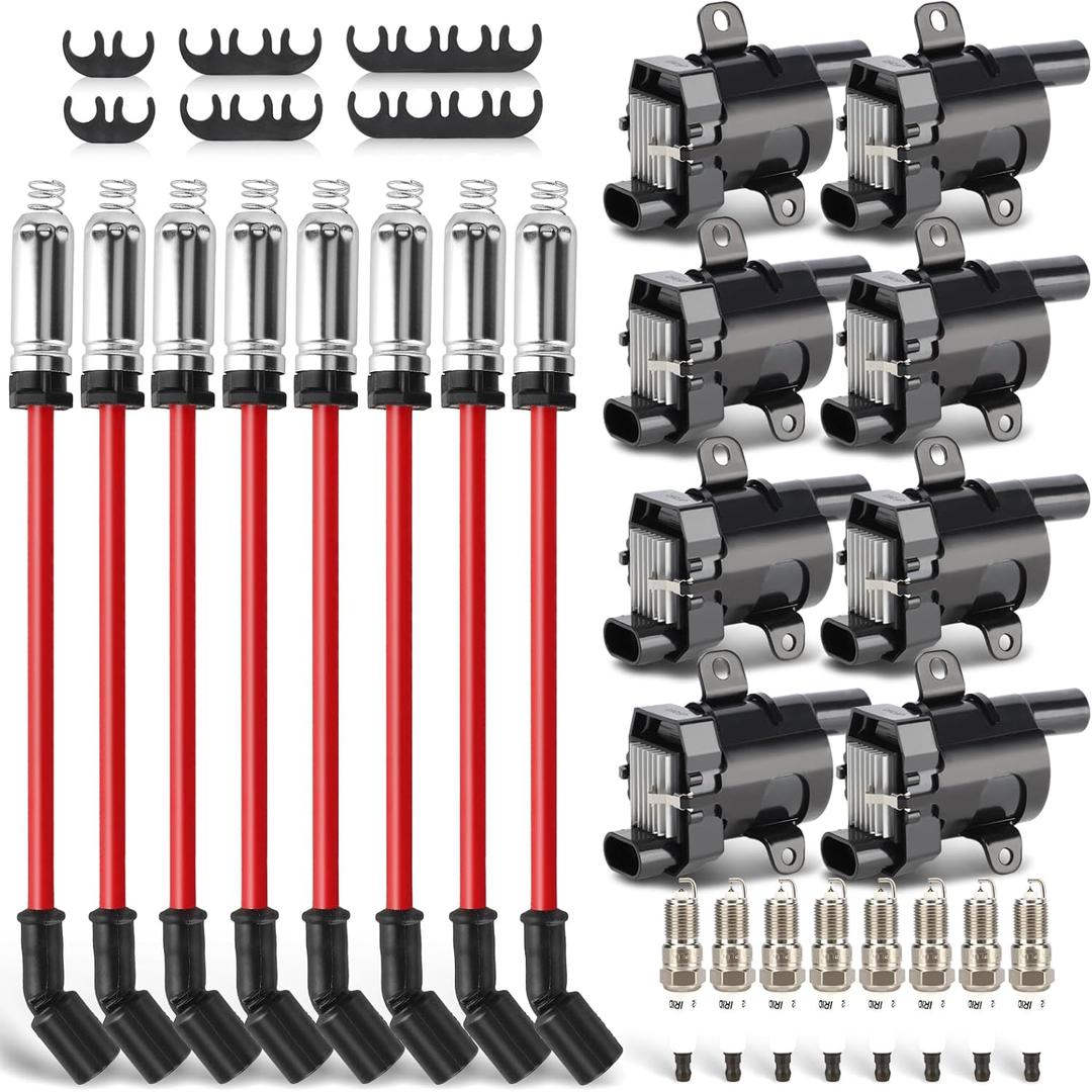 UF262 Ignition Coils Pack & Double Iridium Spark Plugs & 10.2MM Spark Plug Wires for Chevy Avalanche Express Tahoe Silverado Suburban 1500 2500 3500/GMC Savana Sierra Yukon/HUMMER H2 OEM# D585
