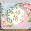 7x5ft Sweet 16 Photography Backdrop Pink Roses Green Leaves Gold Glitter Letters for Girls Birthday Party Graduation Bridal Shower Decoration Backgrounds