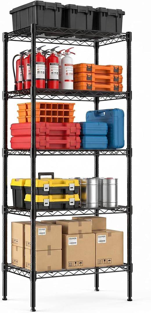 NEWBULIG 5-Tier Wire Storage Shelves, 200 lbs Heavy Duty Steel Rack, Black, 23.2" W x 13.4" D x 59.8" H