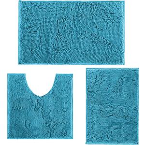 RUN HELIX Teal Blue Bathroom Rugs Bath Mats for Chenillen Rug Set 3 Piece Non-Slip Mats, Absorbent Shaggy Rugs, Machine Wash, Perfect Plush Carpets Set, 16x24&20x32&20x20U Shape