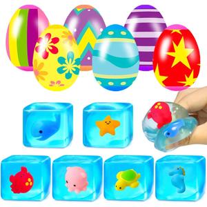 6 Pcs Squishy Stress Nice Cube Fidget Toys with Easter Eggs Sensory Squeeze Toys for Kids Boys Girls Easter Basket Stuffers Egg Fillers Party Favors (Easter Cube)