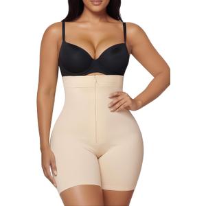 SHAPERX High-Waisted Tummy Control Shapewear for Women Seamless Zip-Up Easy-On Body Shaper Shorts Slimming Fit Underwear (Large, Beige)