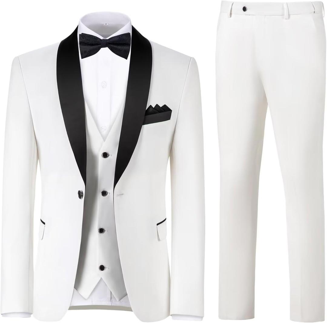 Men's 3 Piece Slim Fit Suit One Button Shawl Lapel Jacket Vest Pants Tuxedo Set with Bow Tie Pocket Square (White, XS)