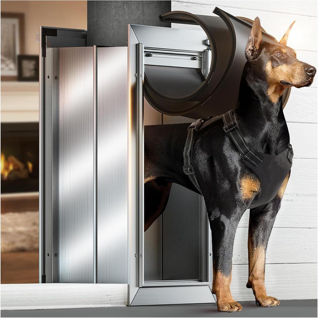 Dog Door for Wall, Large Doggie Door, Heavy Duty Pet Door with All Aluminum, 2 Magnetic Flaps, Wide Telescoping Tunnel, Sliding Lock Panel Doggy Door for Exterior Wall (Pets Up to 110 LB)