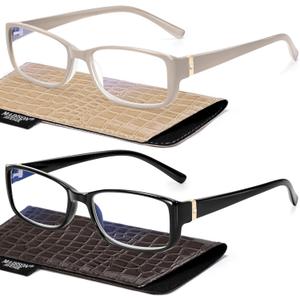 Madison Avenue 2 Pack Classic Blue Light Blocking Reading Glasses for Women, Vintage Anti Glare/Eyestrain Computer Readers Black/Nude Beige +1.5