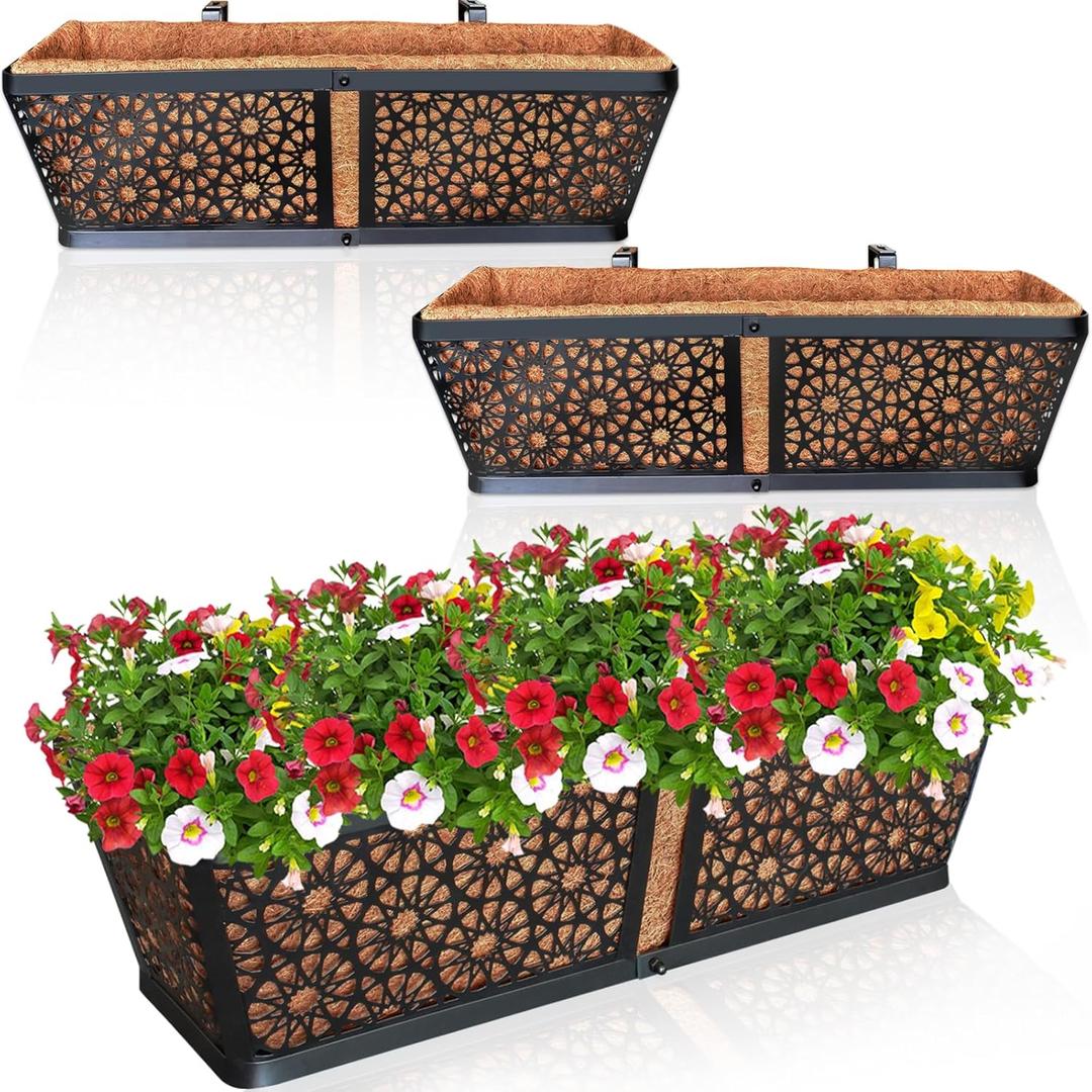 ZeeDix 3Packs Window Box Railing Planter with Coco Liner, 24" Metal Black Hanging Flower Planter Deck Railing Boxes with Coir Liner for Outdoor, Fence, Porch and Patio