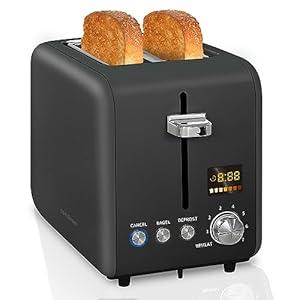 SEEDEEM Toaster 2 Slice, Stainless Steel Toaster LCD Display, 7 Bread Shade Setting, 1.4'' Wide Slots, Bagel/Defrost/Reheat Functions, Removable Crumb Tray, 900W, Dark Chocolate