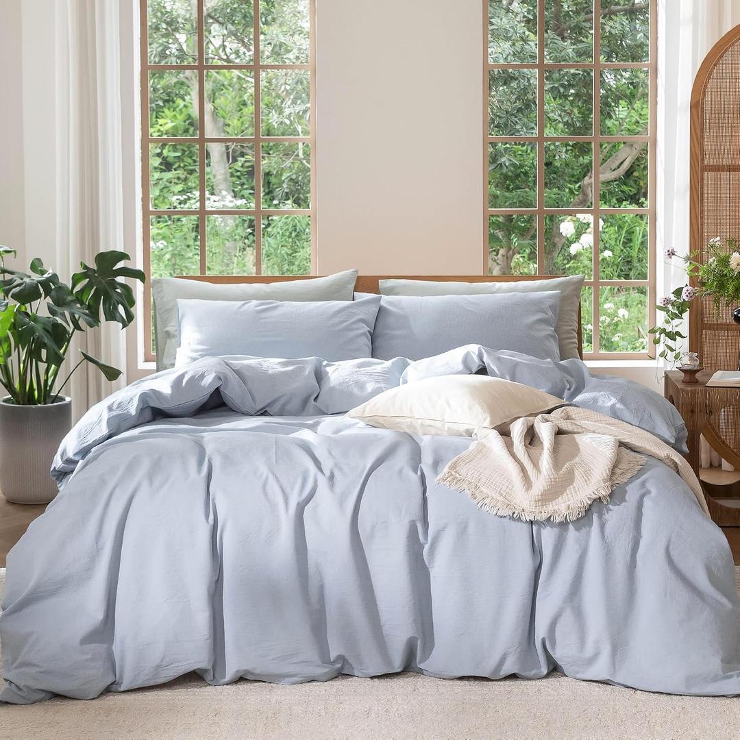 MooMee Bedding Duvet Cover Set 100% Washed Cotton Linen Like Textured Breathable Durable Soft Comfy (Heathered Cornflower Blue, Twin 68"x90")