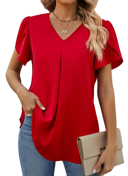 Funlingo Women's Summer Tops Short Sleeve Dressy Chiffon Blouses V Neck Work Tunic Tops Casual Loose T-Shirts
, Red, Size M