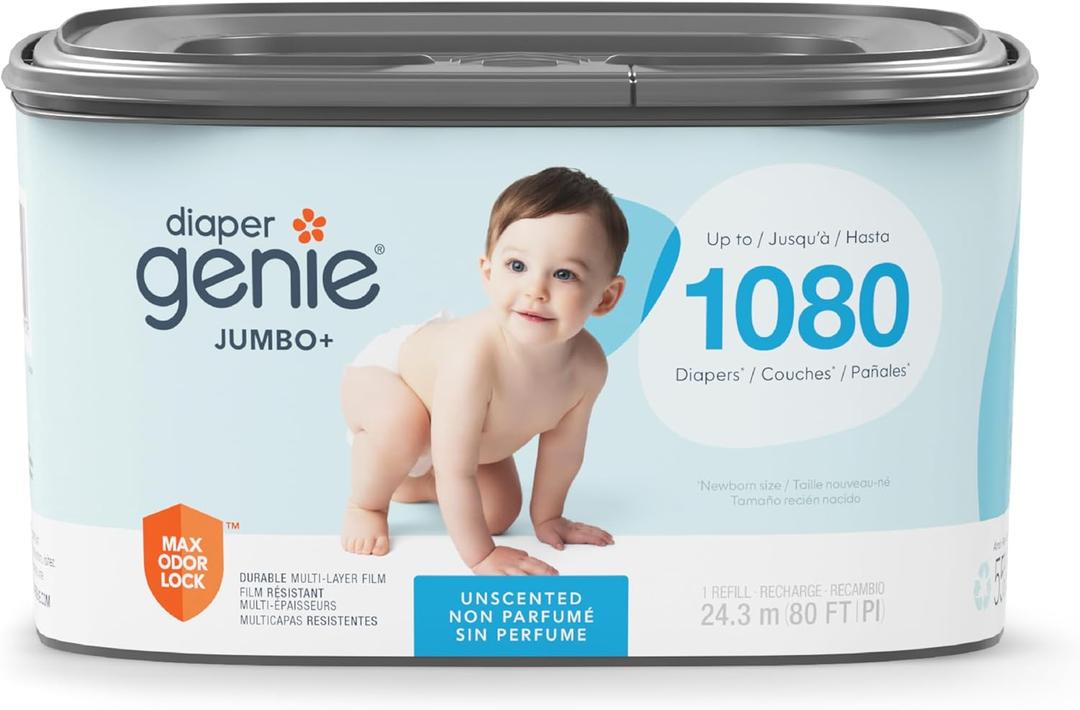 The Diaper Genie Jumbo+ Square Refill, with continuous film, can hold up to 1080 newborn-sized diapers per refill. (Blue)