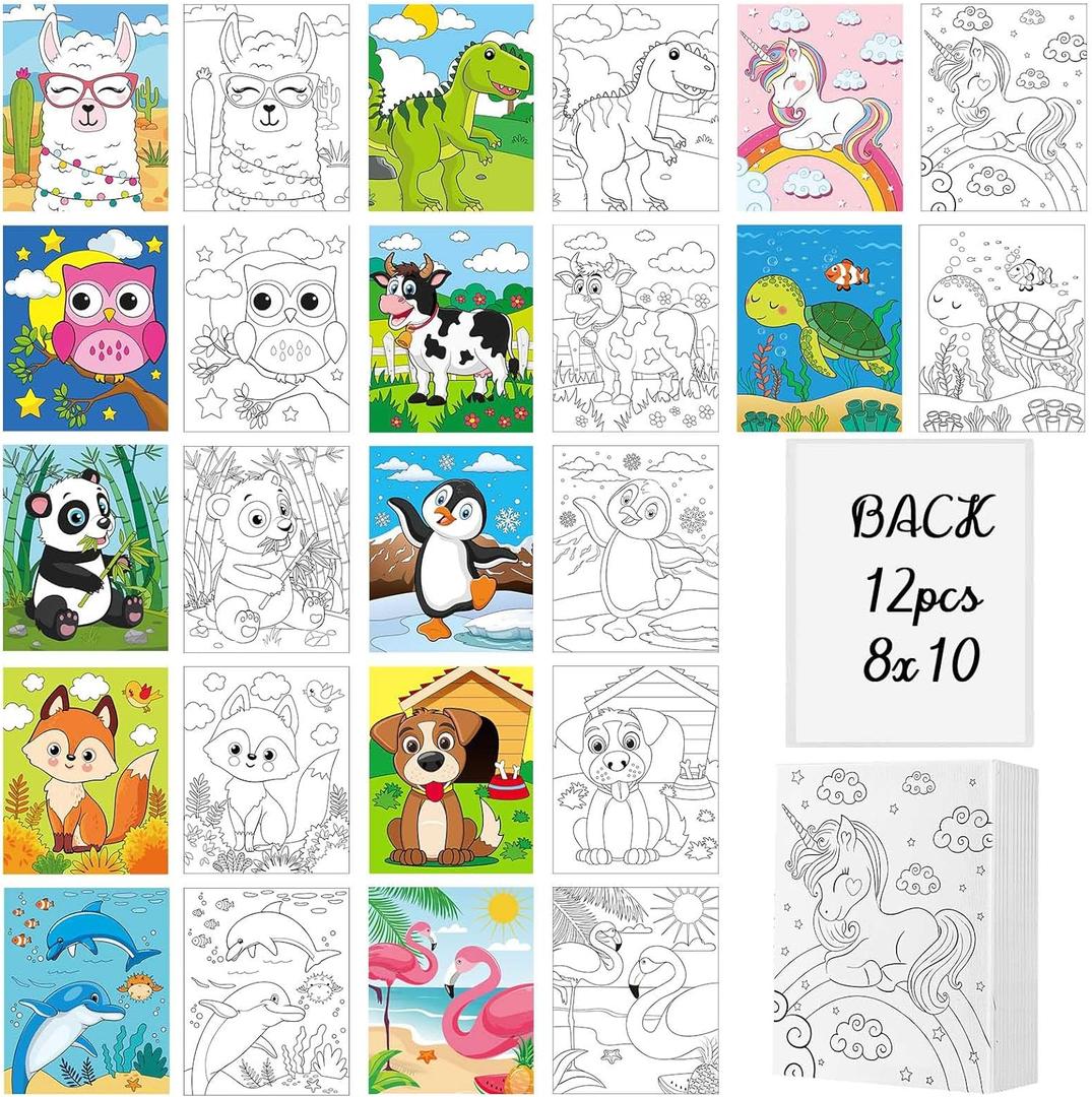 Ctosree 12 Pcs Pre Drawn Canvas for Painting for Boys Girls Pre Printed Cute Bulk Painting Canvas with Pictures to Paint Gift for Valentines Party Favor Activities(Animals,10" X 8")