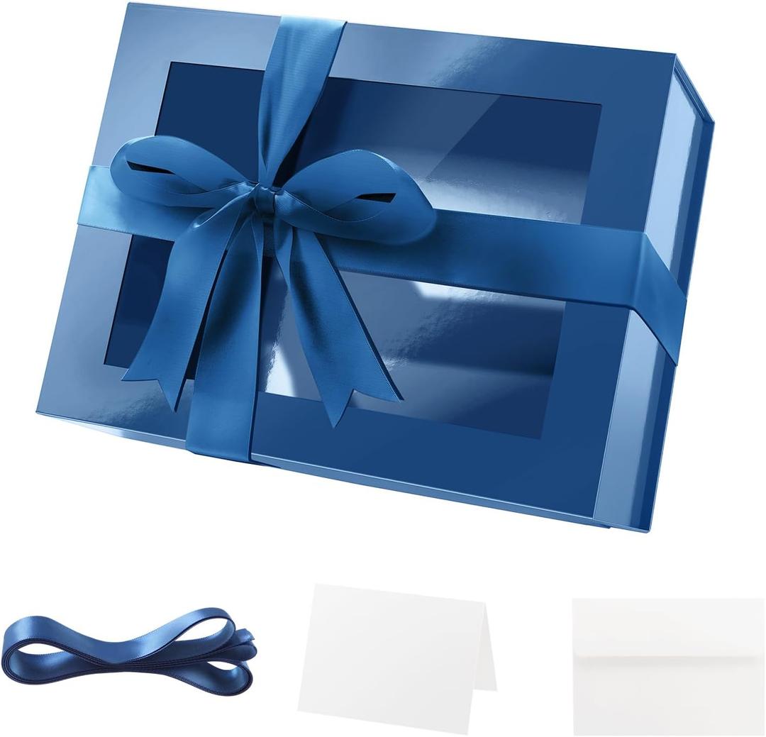 PACKQUEEN Blue Gift Box with Window, 9x6.5x3.8 Inches, Clear Gift Box for Present Contains Ribbon, Card, Groomsman Proposal Boxes with Magnetic Lid (Glossy Blue)