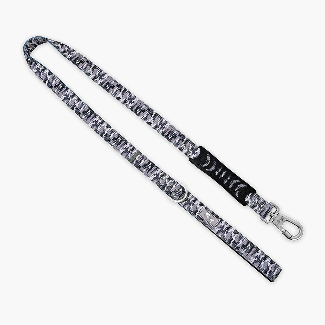 Dog Friendly Co. Classic Dog Leash | Strain-Free, Shock Resistant, Prevents Jolts, Maintain Control | Durable Waterproof Material | Heavy Duty Clip & D-Ring | Grey Camo, Size Regular