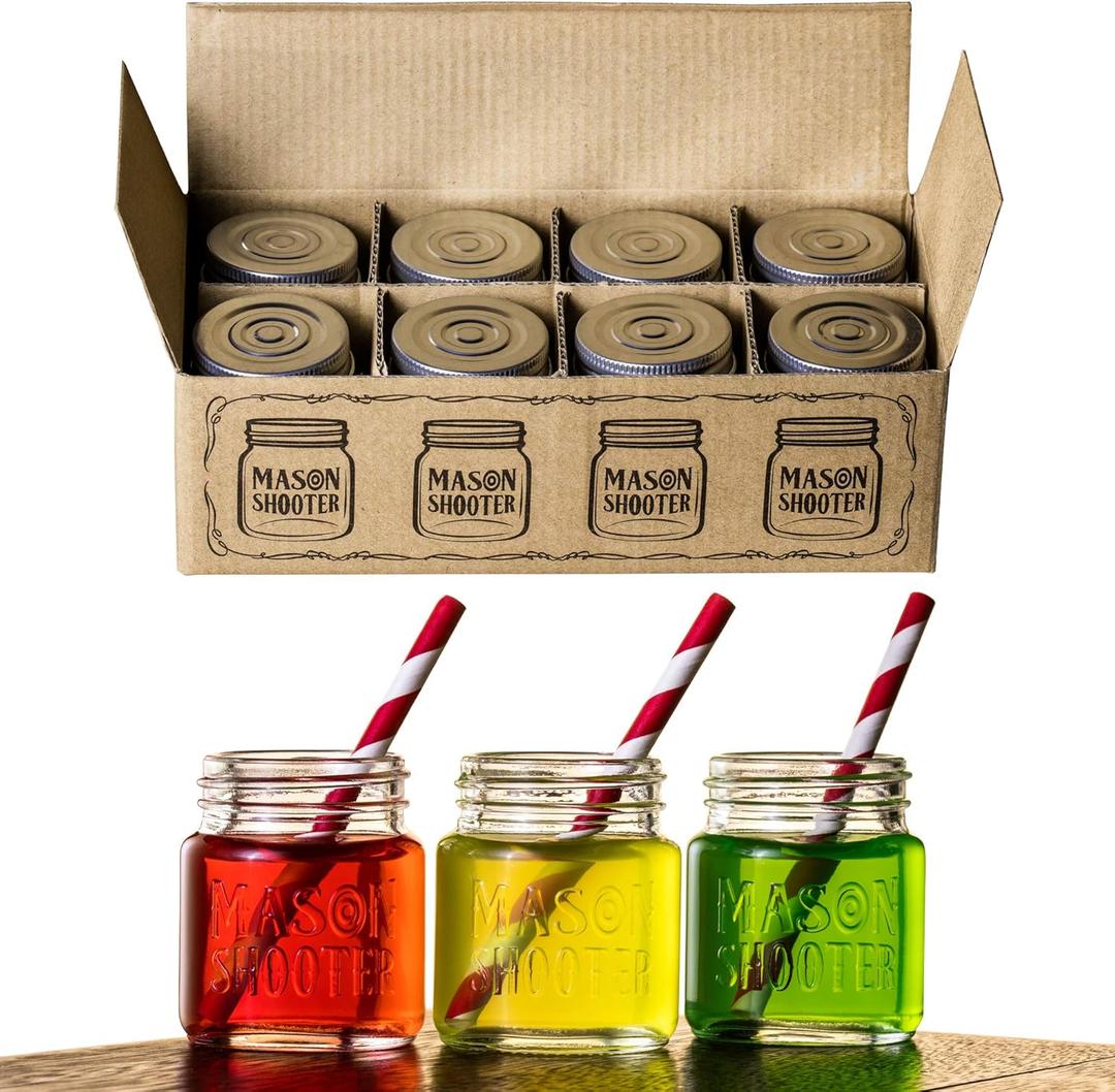 Small Mason Jar Shot Glasses with Lids (8 Pack) Tiny 2 oz Glass Jars with Lids, Ginger & Wellness Mini Shot Bottles, Juice, Tequila, Alcohol, Moonshine Shooter Set, Unique Christmas Gift, Bulk, Cute