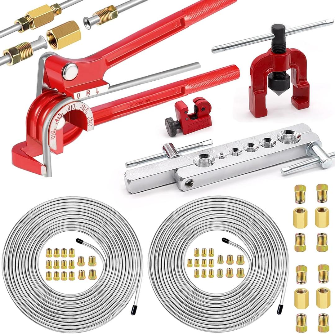 smseace 55Pack 3/16 Inch+1/4 Inch Brake line kit Include 25 FT Zinc-Plated Brake Lines with Fitting(32pcs Fittings,4pcs Union+8pcs Nut) Brake line Bender,Single Flare Tool,Cutter Brake line kit (Silver)