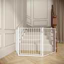 No Pawblems Free Standing Dog Gate with Door, 30'' Tall Foldable Dog Fence for Indoor & Outdoor, Up to 78 Inch Extra Wide Puppy Gate for Stairs, Hallways, Doorways, Deck, Yard (White, 3 Panels)