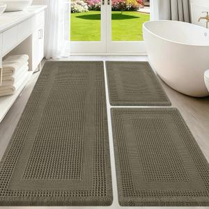 Upgraded Waffle Bath Mat Set 3 Piece Greyish Green-Looped, Super Absorbent Non-Slip Quick Dry Bathroom Rugs with Tassels, Machine Washable Ultra Soft Boho Bath Rugs, Toilet Mats Boho Farmhouse Decor, 48"x24"+36"x24"+24"x17"