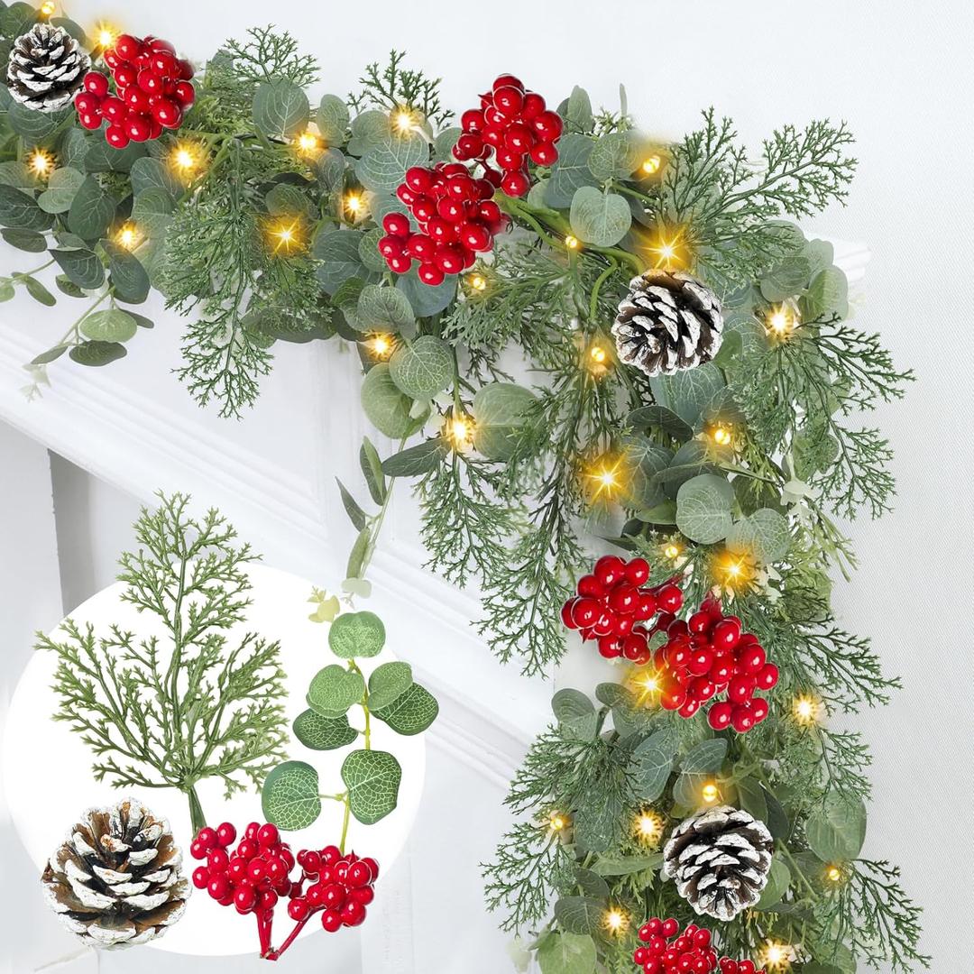 Prelit & Timer - 6 Ft Christmas Garland with Lights, Real Touch Cedar Garland Soft Bendable Eucalyptus Cypress Pine Garland with Pinecone Berry Greenery Christmas Garland for Mantle Fireplace Table