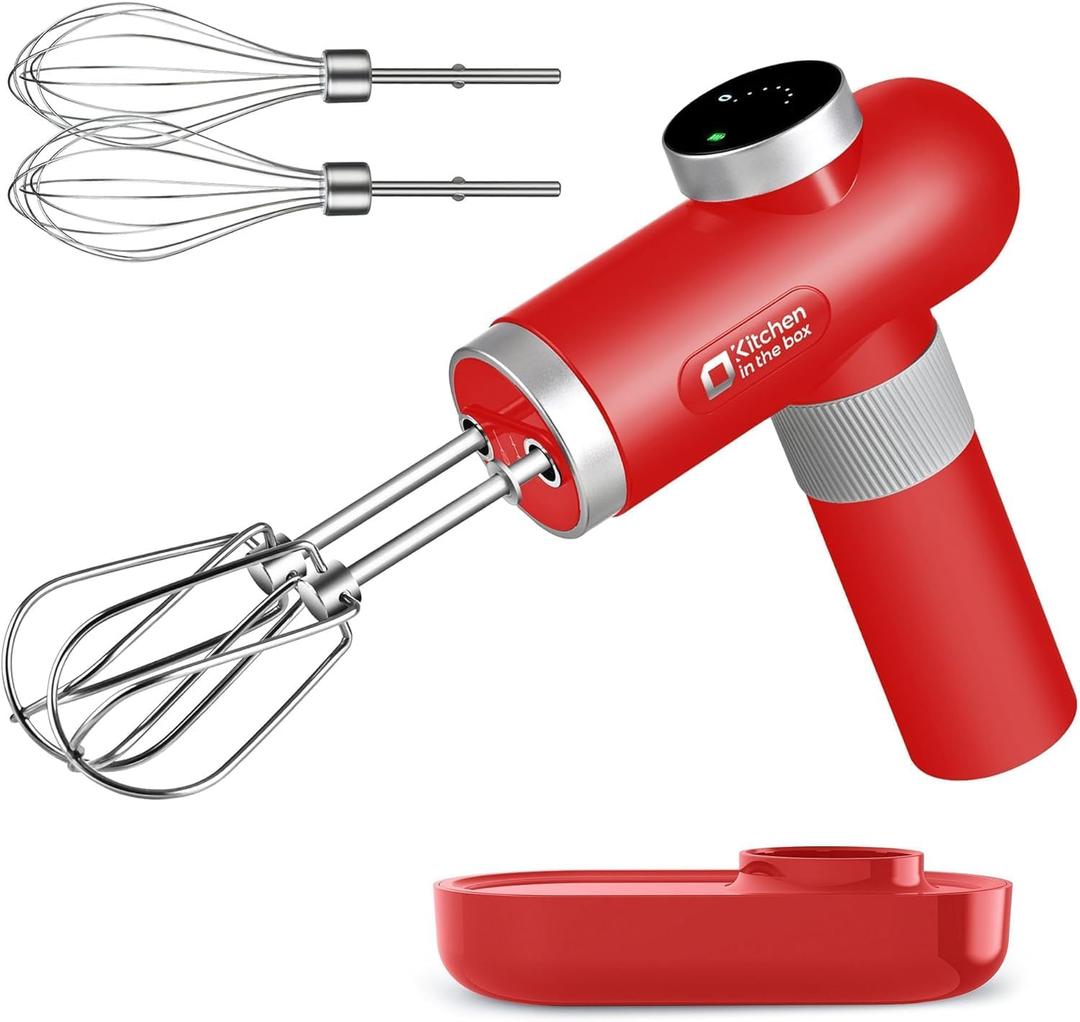 Kitchen in the box Cordless Rechargeable Hand Mixer for Kitchen, Portable Handheld Electric Mixer with Beaters, Whisks, 6-Speed Digital Display, Charging Base and USB-C Charge Cable (Cherry Red)