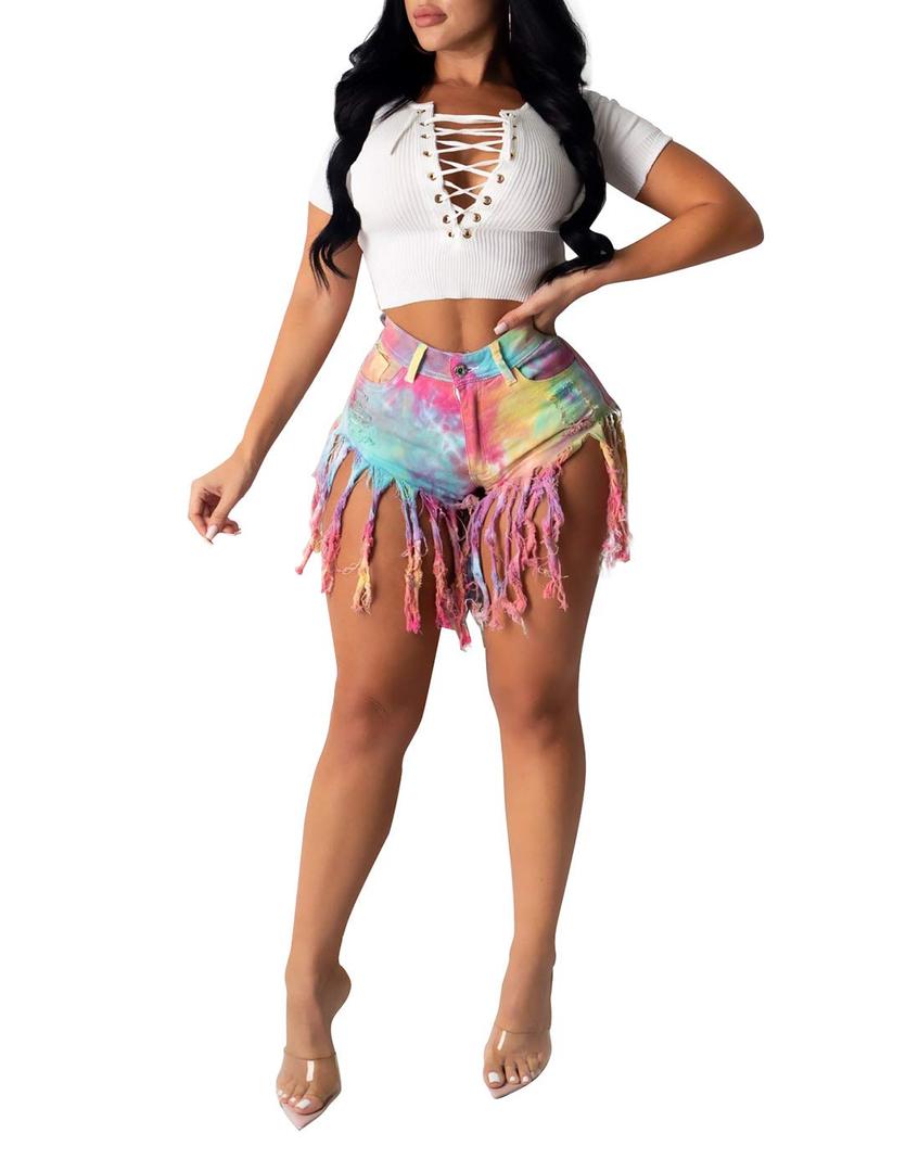Womens Denim Shorts Summer High Waisted Tassels Jean Casual(Cyan+Yellow, S) (Pink)