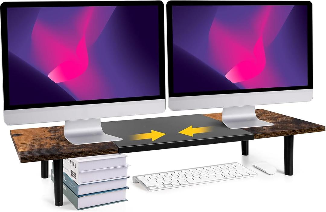 Dual-Monitor-Stand-Riser-For-Desk Adjustable Length 32-40 Inch, Large Desktop Computer Monitor Riser For 2 Screens, Desk Shelf Organizer Riser Stand For Computer/Laptop/PC/Printer/TV Brown