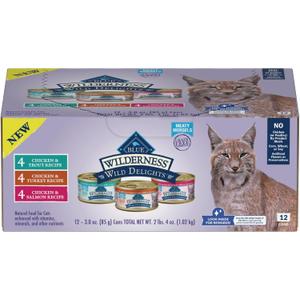 Blue Buffalo Wilderness Wild Delights High Protein Grain Free, Natural Adult Meaty Morsels Wet Cat Food, Chicken & Turkey, Chicken & Trout, Chicken & Salmon 3-oz cans (12 Count - 4 of Each Flavor). 08/May/2024