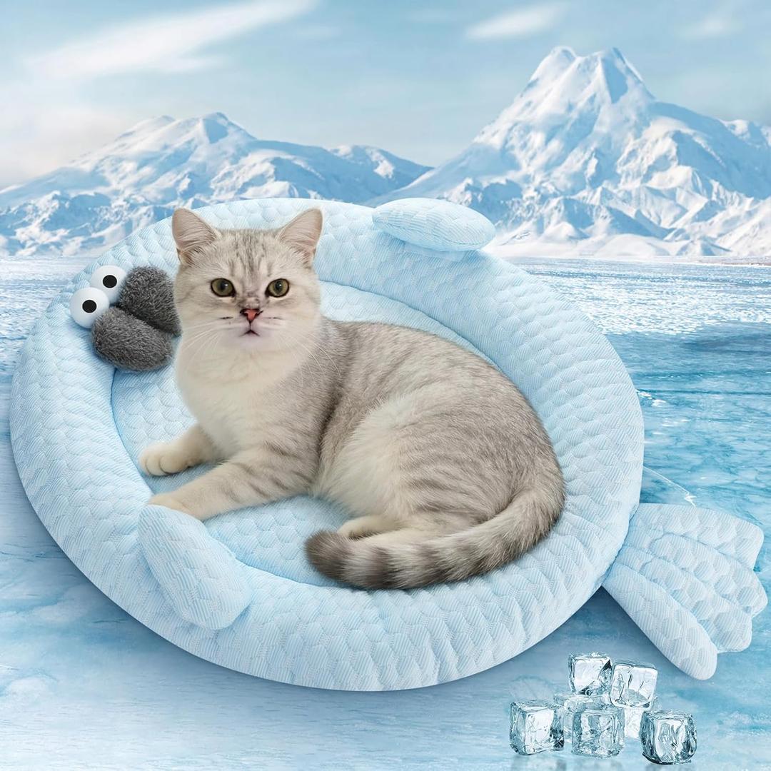 Hillban Cat Cooling Mat Fish Shaped Pet Cooling Mat for Cats or Small Dogs 24.8'' x 20.47'' Cat Cool Bed Soft and Comfortable Cool Pad Washable NonSlip Bottom Use in Floor Bed Sofa Chair Kennel