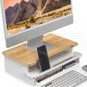 Computer Monitor Stand Riser, 16.5 Inch Wood Desk Shelf Storage Organizer with Phone Tablet Holder, White & Natural Bamboo