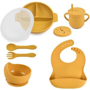 Silicone Baby Feeding Set - Perfect silicone plates for baby & Toddler Plates with lid, Baby Bowls with Suction, Baby Utensils - Baby Led Weaning Supplies & Eating Essential - (Yellow)