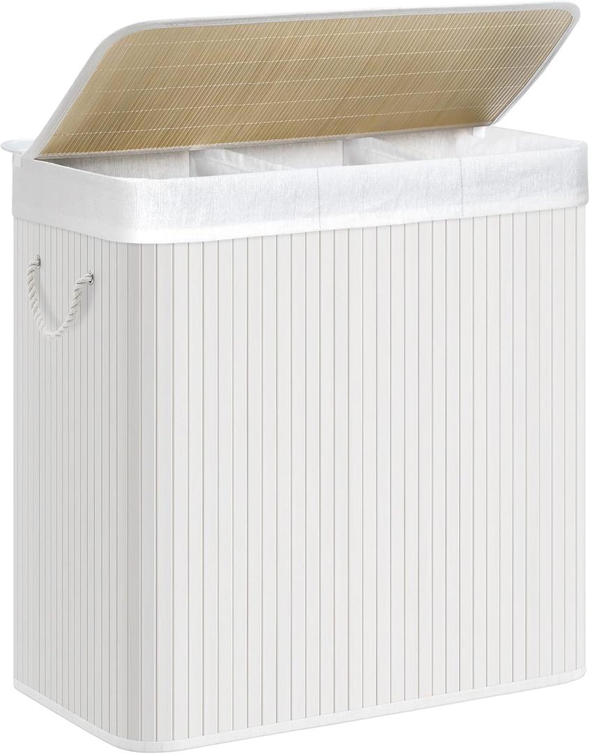 SONGMICS Laundry Hamper, 39.6 Gallons (150L), 3-Section Laundry Basket, Laundry Hamper with Lid, Bamboo, Foldable, Removable and Machine Washable Liner, for Laundry Room, Bedroom, White ULCB091W01 (150 L, White)