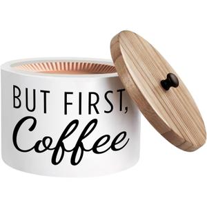 Coffee Filter Holder with Solid Wood Lid - But First, Coffee Farmhouse Storage Canister | Fits Basket, Cone and Flat Bottom Filter Types - Organizer for Counter and Bar Decor (White)