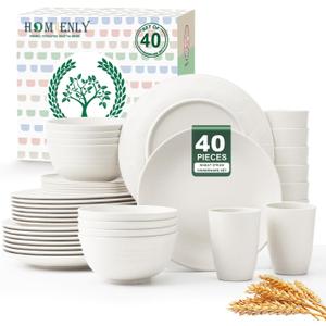 Homienly 40- Pieces Wheat Straw Dinnerware Set, Service for 8, Lightweight Roud Plates and Bowls Set, Unbreakable Dishes Set- Dinner Plates, Bowls, Cups,Microwave and Dishwasher Safe(White)