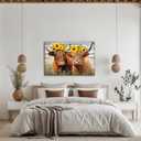 Highland Cow Canvas Wall Art Farmhouse Animal Painting Sunflower on Cow Head Picture Wood Background Poster Artwork for Bathroom Home Office Decor Framed - 16.00"x24.00"