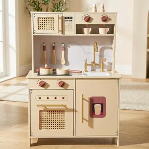 Wooden Kitchen Playsets for Kids, Pretend Play Kitchen with Realistic Clicking Sounds, Gold Faucet, Coffee Maker & Cooking Accessories, Set for Toddlers Boys Girls Age 3+