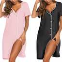 Ekouaer Nightgowns for Women 2 Pack Button Down Sleepshirt Short Sleeve Nightshirt Soft Sleepwear V Neck Pajama Dress (Gray, M)