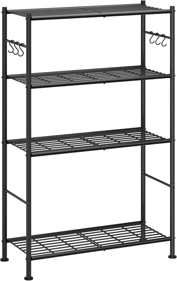 Sakugi Storage Shelves - 4-Tier Spacious Shelf Organizer with Hooks & Leveling Feet, Easy to Assemble, Rust-Resistant Garage Shelving for Kitchen, Pantry, Bedroom, 33.2" x 12.7" x 57.3", Black