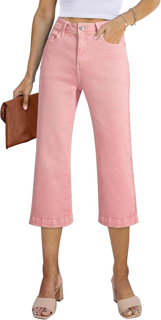 Sidefeel Women's Capri Jeans High Waisted Stretchy Wide Leg Denim Pants Size 10 Pink