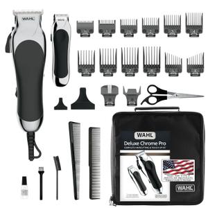 Wahl Clipper USA Deluxe Corded Chrome Pro, Complete Hair and Trimming Kit, Includes Corded Clipper, Cordless Battery Trimmer, and Styling Shears, for a Cut Every Time - Model 3029682 (25 Piece Set)